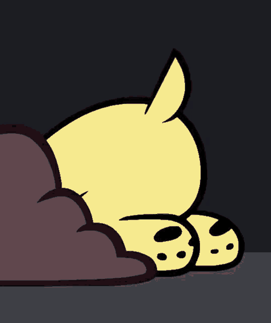 a cartoon drawing of a yellow dog laying down in the dark .