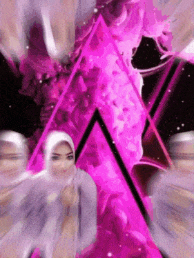 a woman wearing a hijab is standing in front of a pink triangle