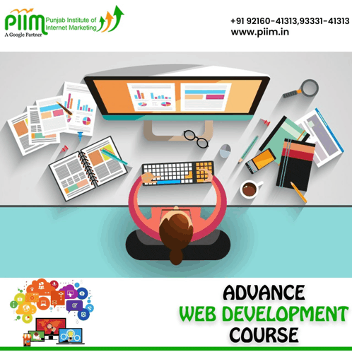 an advertisement for a web development course with a woman using a computer