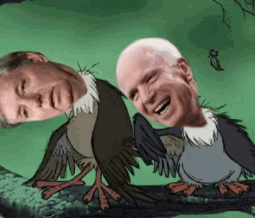 a cartoon drawing of two men and a bird