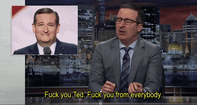 a man in a suit and tie is saying " fuck you ted "