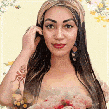 a woman with long hair and a tattoo on her arm looks at the camera
