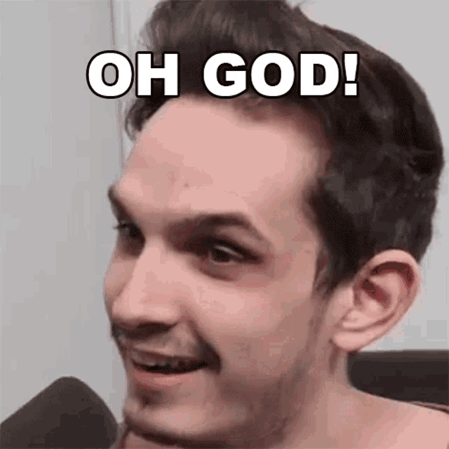a man is smiling and making a funny face with the words `` oh god '' written on his face .