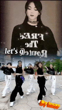 a group of women are dancing in front of a sign that says let 's