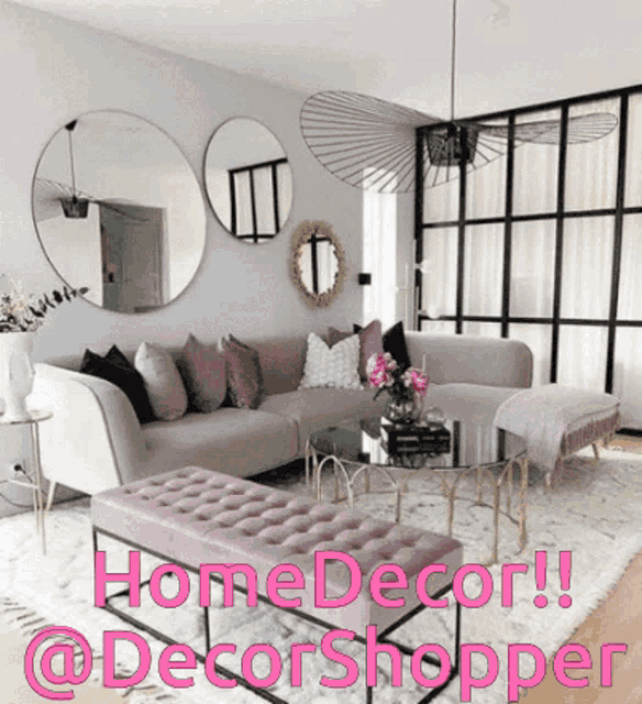 a living room with a couch and a pink ottoman and the words home decor @decorshopper