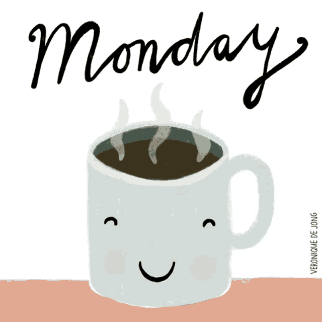 a cartoon illustration of a cup of coffee with a smiling face and the words monday