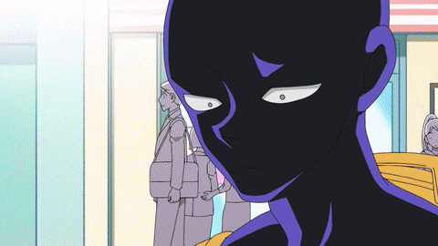 a cartoon drawing of a man with a purple head
