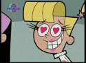 a cartoon character with hearts in her eyes is smiling