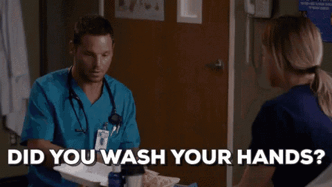 a nurse from grey 's anatomy is asking if you wash your hands while holding a toothbrush .