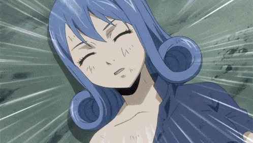 a girl with blue hair is laying down with her eyes closed and the letters i and ii are visible on her face
