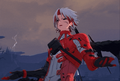 a character in a video game has a red jacket on