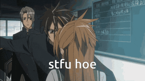 a group of anime characters are standing in front of a blackboard with the word stfu hoe written on it