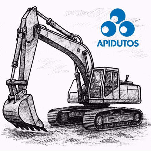 a black and white drawing of an excavator with the apidutos logo