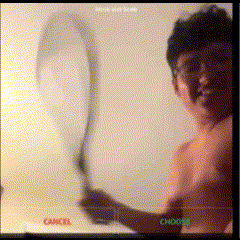a shirtless man is holding a sword in front of a sign that says cancel