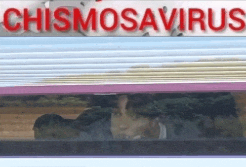 a person is looking out of a window with a sign that says chismosavirus on it .
