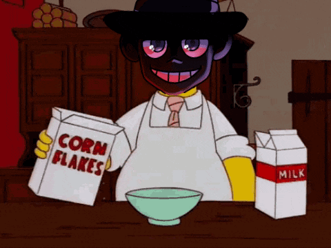 a cartoon character holding two boxes of corn flakes and a carton of milk