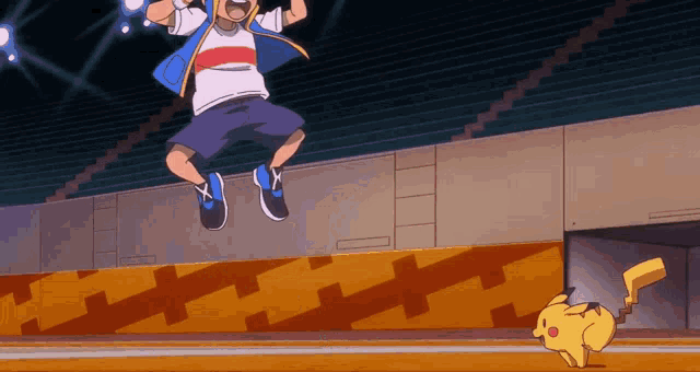 a cartoon of a boy jumping in the air with a pikachu behind him
