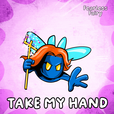 a cartoon of a fairy holding a trident and the words take my hand below it