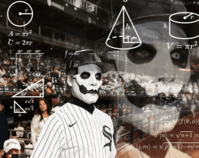 a man wearing a chicago hat is standing in front of a wall of math equations