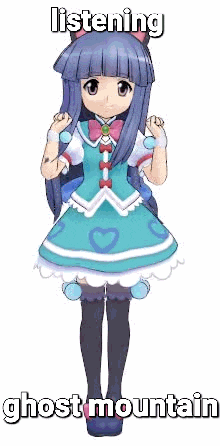 a girl in a blue dress with a cat ear headband is listening to ghost mountain .