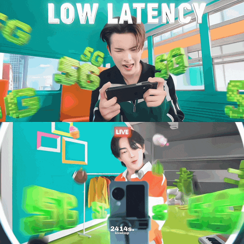 a man is playing a video game with the words low latency written above him