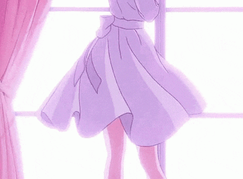 a girl in a purple dress is standing next to a window .