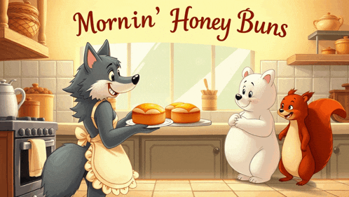 a cartoon of a wolf holding a tray of honey buns and two squirrels