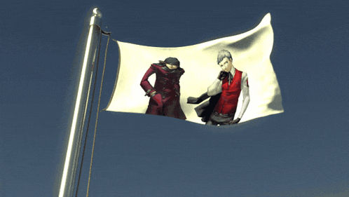 a white flag with two people on it