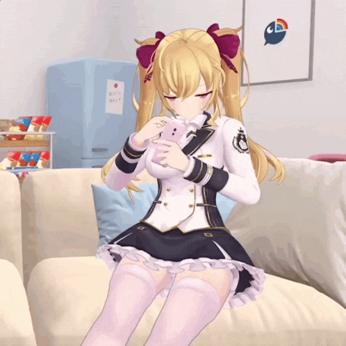 a girl with blonde hair is sitting on a couch with her eyes closed holding a stuffed animal
