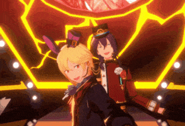 a couple of anime characters standing next to each other with a yellow background