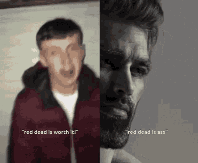 a man in a red jacket says " red dead is worth it " next to another man with a beard