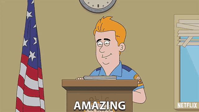 a cartoon of a police officer giving a speech with the words amazing written below him
