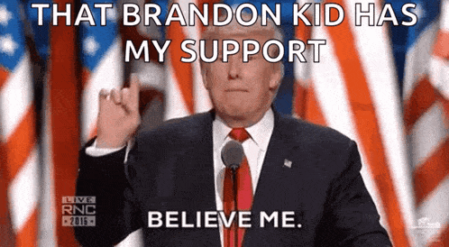 a man in a suit and tie is giving a middle finger in front of an american flag and says that brandon kid has my support