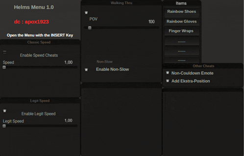a screenshot of a program called helms menu 1.0 that allows you to open the menu with the insert key
