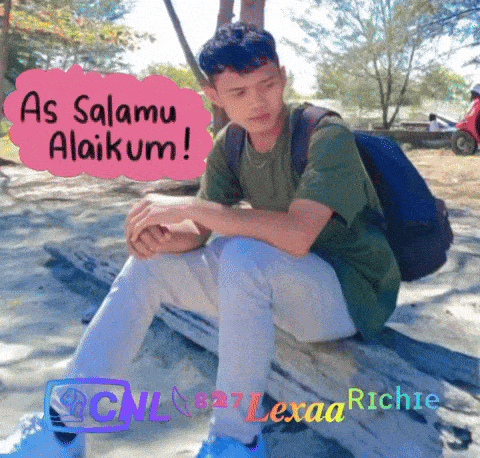 a young man with a backpack sits on a rock and says as salamu alaikam