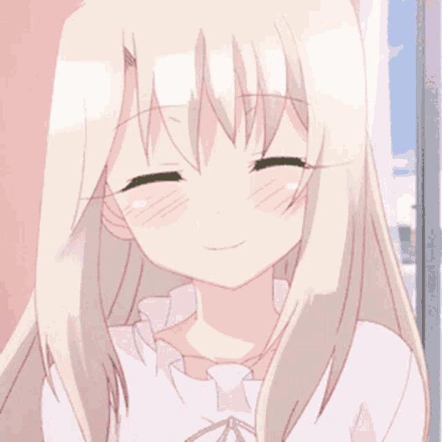 a close up of a blonde anime girl smiling