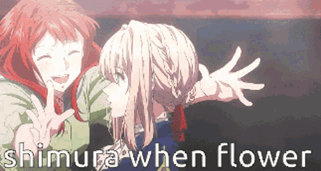 a pixel art of two anime girls with the words shimura when flower