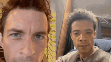 a close up of a man 's face and another man 's face .