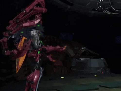 a robot with a purple head is standing next to another robot with a green head