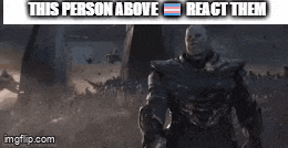 a man in armor is standing in front of a crowd of people and a sign that says `` this person above react them '' .