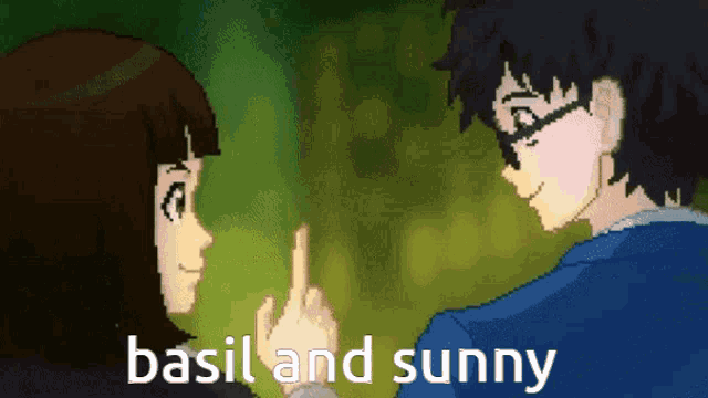 a pixel art of a boy and a girl with the words basil and sunny written on the bottom
