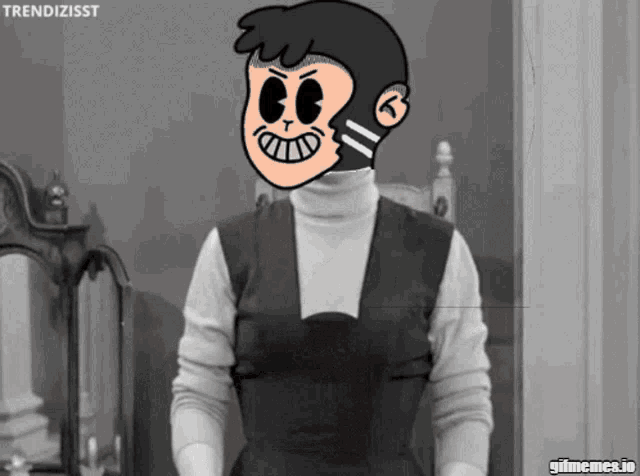 a black and white cartoon of a man with a turtleneck and a monkey face on his face