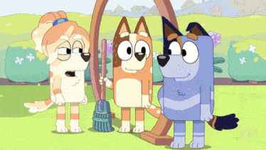 three cartoon dogs are standing next to each other and one has a broom