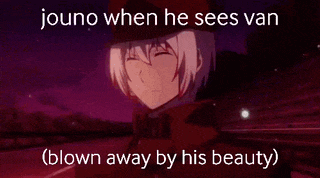 a picture of a person with a caption that says jouno when he sees van blown away by his beauty .