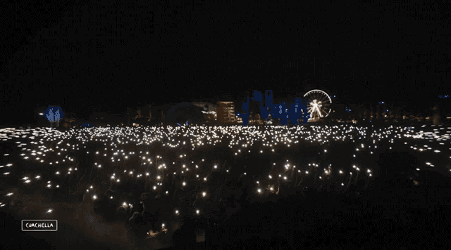 a crowd of people are gathered at a concert with a sign that says cancella on it