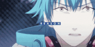 a close up of a blue haired anime character with the word reason written above him