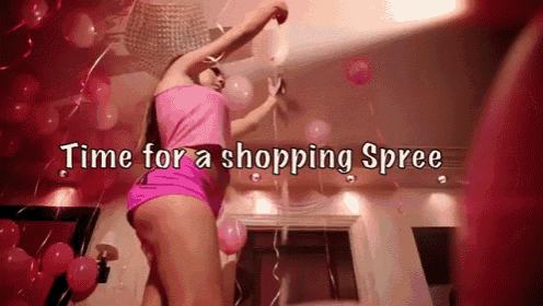 a woman in a pink dress is dancing in a room with balloons and the words time for a shopping spree above her