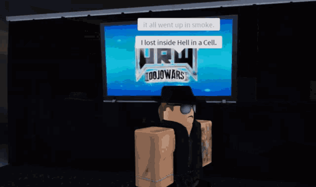 a video game character is standing in front of a large screen that says jojo wars