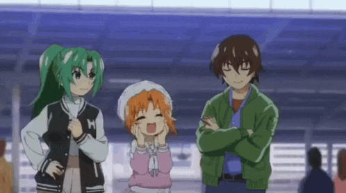 a group of anime characters are standing next to each other in a train station .