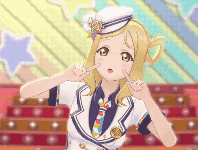 a girl in a white hat and tie is making a face